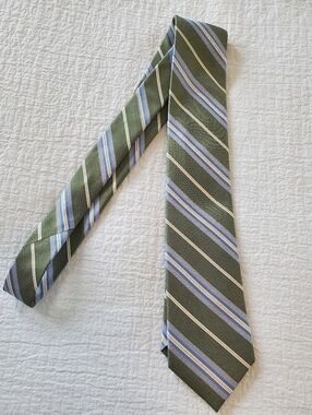 Joseph Abboud Olive Green Diagonal Stripe Tie with Blue and White Silk & Cotton